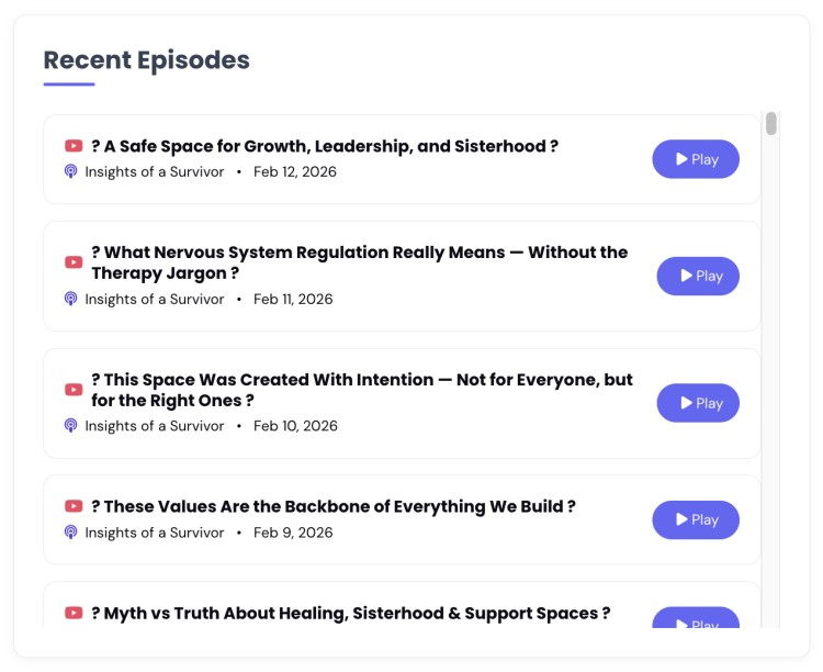 Episode list layout showing recent podcast episodes, illustrating how to effectively promote your podcast with clear titles, dates, and play buttons.