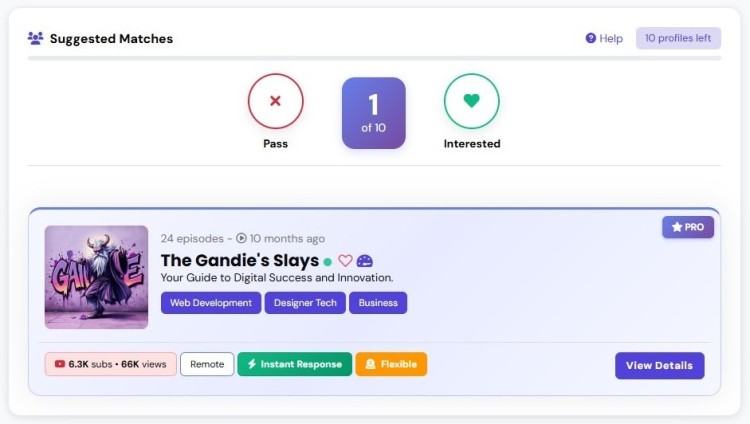 Efficient podcast guest matching dashboard showing suggested matches, interest actions, and show details.