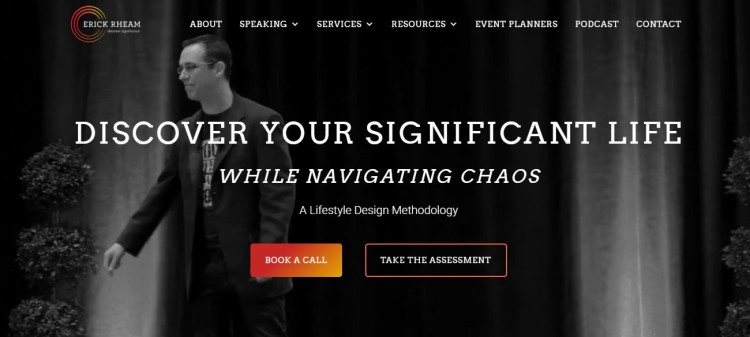 Public speaker website hero showing an inspiring public message focused on purpose, leadership, and navigating chaos