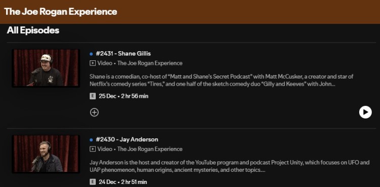 Great podcast example showing an episode list from a popular long-form interview podcast.