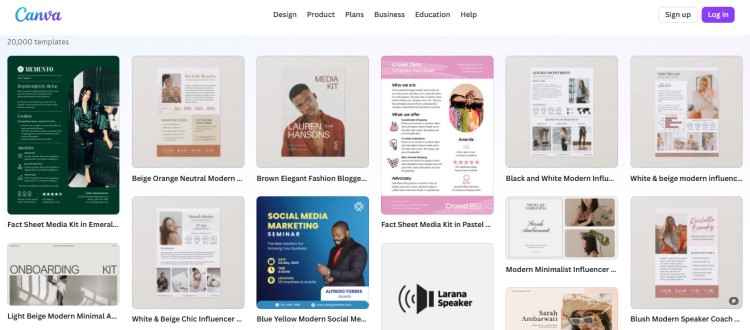Canva template gallery showing examples of speaker one sheets, including media kits, speaker profiles, and one page layouts for events and podcasts.