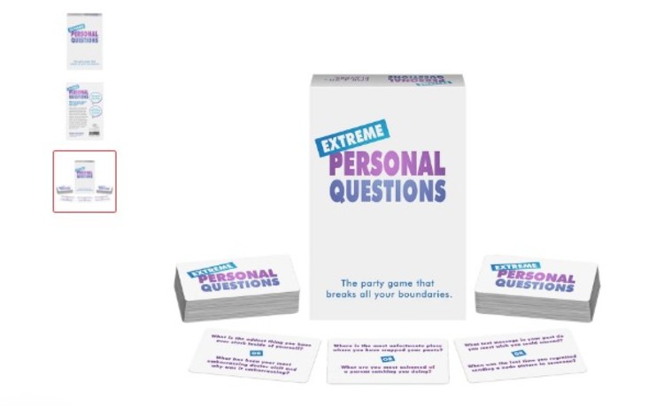 Box and cards for Extreme Personal Questions, a personal card game designed to spark bold conversations and deeper personal connections.
