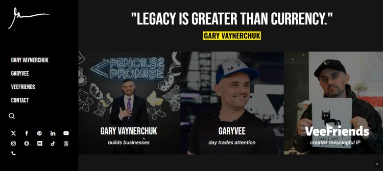 Gary Vaynerchuk personal brand site showing how a website provides clear positioning across speaking, business, and media projects
