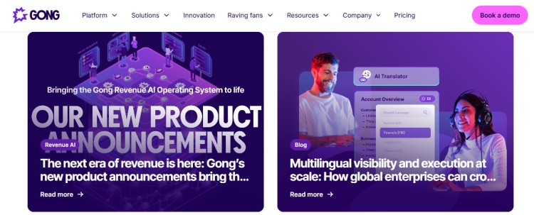 Gong website product announcements showing what a landing page look like for a B2B SaaS company with clear messaging and CTAs