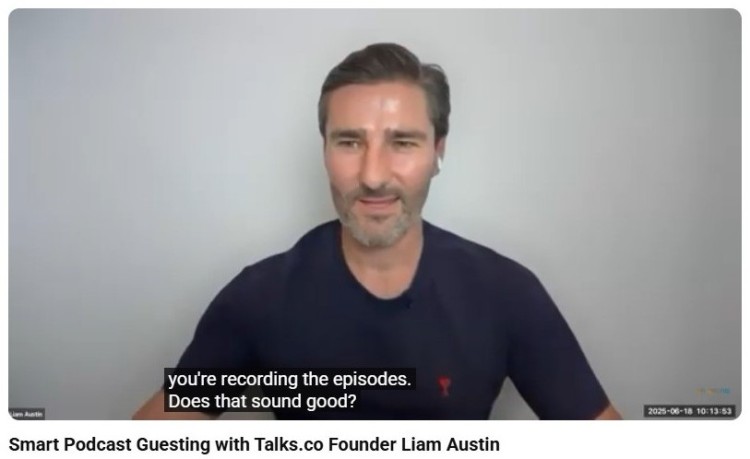 Liam Austin speaking during a great interview about smart podcast guesting and recording episodes for Talks.co.