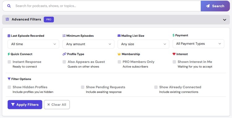 Dashboard showing how a guest could use filters to search podcasts by episode count, mailing list size, payment type, and membership options.