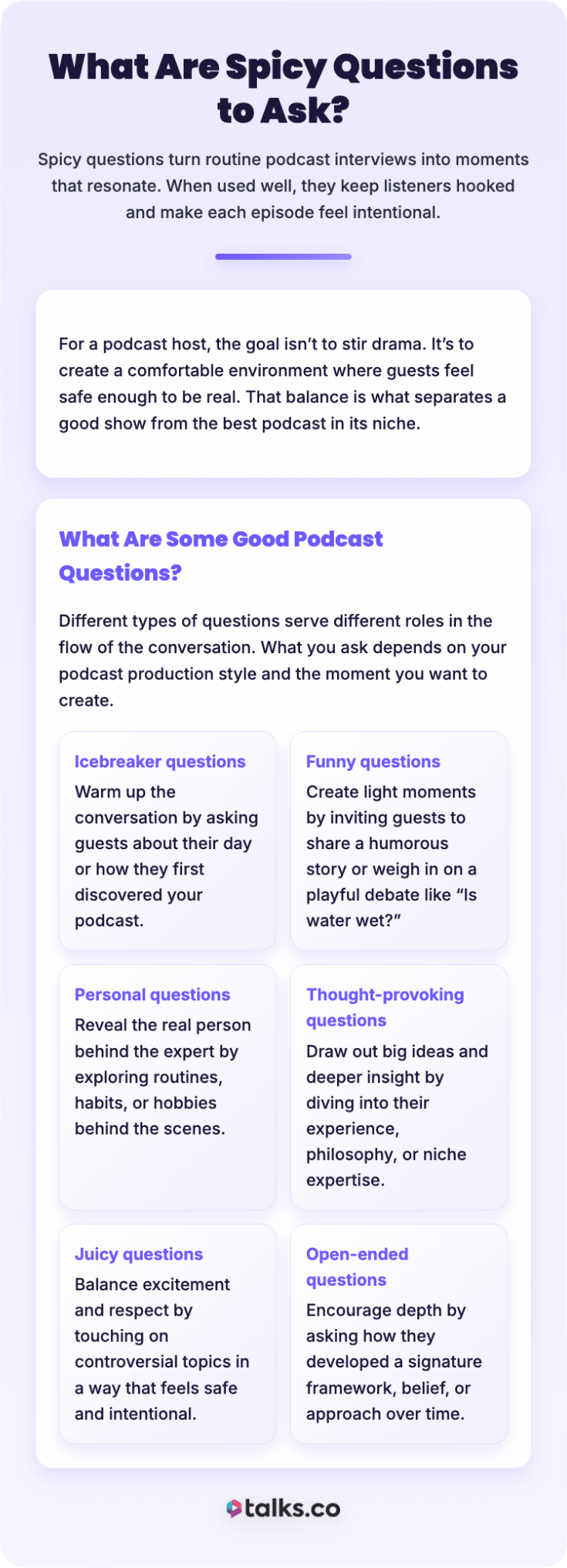Infographic explaining how to ask great questions on a podcast, including icebreaker, funny, personal, thought-provoking, juicy, and open-ended question types.