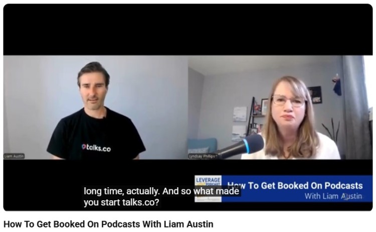 Virtual podcast interview with Liam Austin and host discussing how to ask great questions to get booked on podcasts and create engaging conversations.