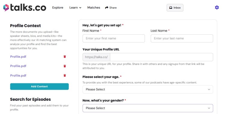 Talks.co profile setup screen showing how users create one speaker profile by entering personal details, uploading documents, and generating a unique profile URL.