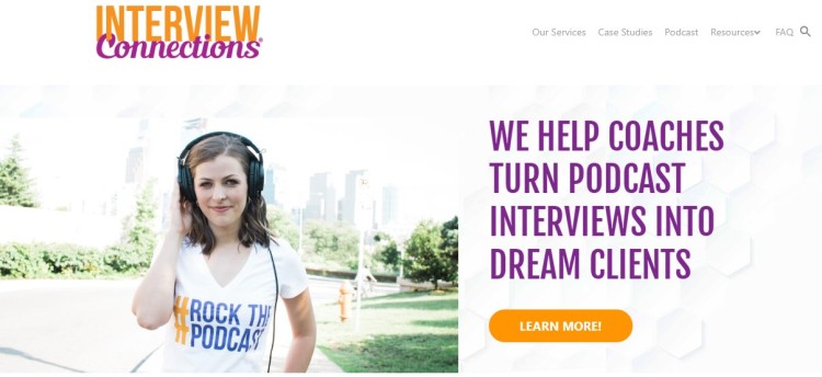 Interview Connections homepage showing a podcast booking agency that specializes in securing bookings for coaches to turn interviews into clients.