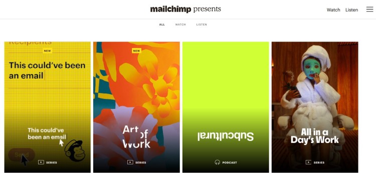 Mailchimp Presents podcast gallery showing a page to get access to original series, shows, and creative audio content