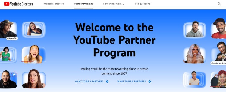 YouTube Partner Program welcome page showing how creators can make more money on youtube through ads, monetization tools, and program eligibility.