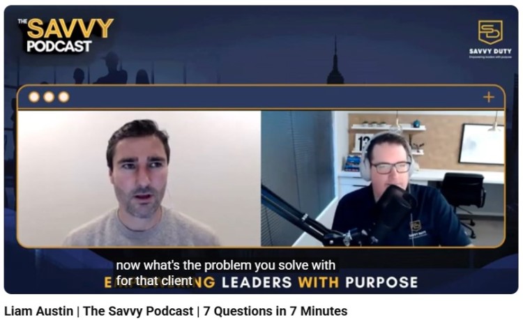 Liam Austin appearing on The Savvy Podcast in a virtual interview, sharing insights that help create a memorable podcast experience for listeners.