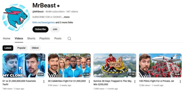MrBeast million youtube channel homepage showing 464M subscribers and viral challenge videos on the Videos tab.