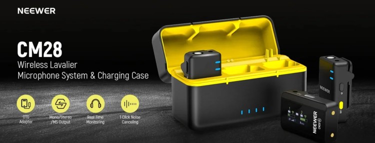 Neewer CM28 wireless lavalier microphone system with charging case for mobile recording and podcasting