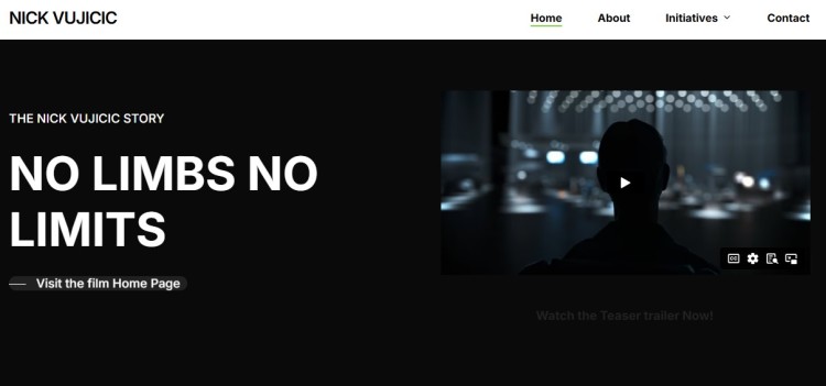 Nick Vujicic website hero section showcasing a strong online presence for a professional motivational speaker and film project