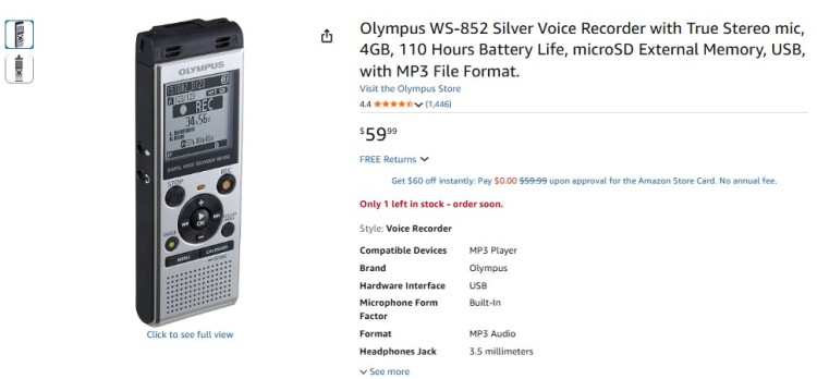 Olympus WS-852 voice recorder with true stereo mic, USB connection, and long battery life for clear audio recording