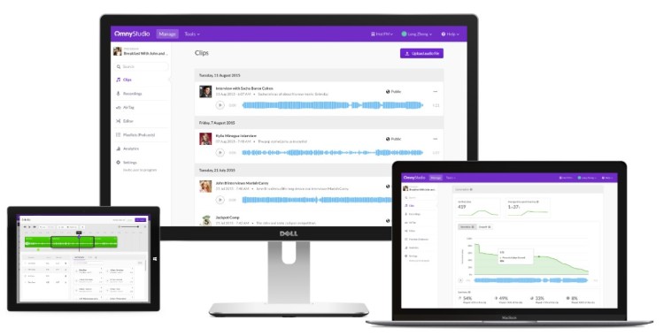Podcast manager dashboard displayed across desktop and laptop screens showing episode management, clips, and analytics.