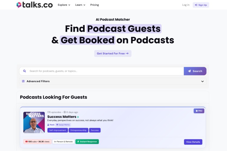 Talks.co dashboard showing an example of a podcast host in a guest matching platform where guests can find podcast opportunities and get booked on shows.
