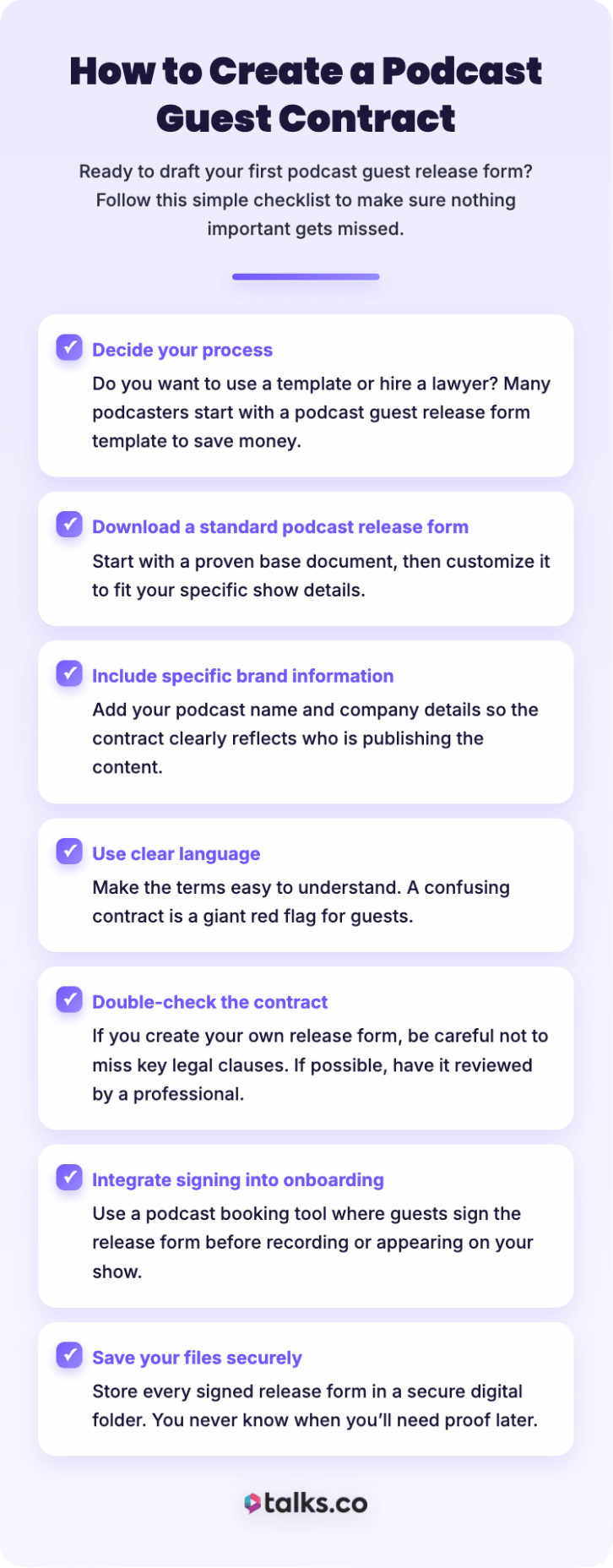 Infographic explaining podcast legal steps for creating a podcast guest contract, including release forms, clear language, and secure file storage.