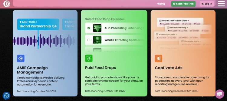 Podcast monetization platform dashboard highlighting campaign management and paid feed drops designed to support securing bookings and sponsorship opportunities.