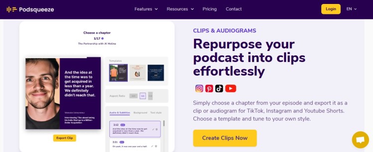 Podcast repurposing tool interface showing what to expect when turning episodes into clips and audiograms.