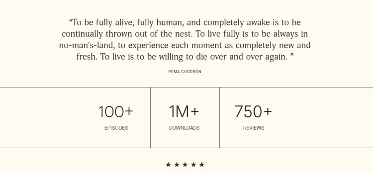 Podcast homepage statistics showing episodes, downloads, and reviews, illustrating how a landing page provides social proof and trust