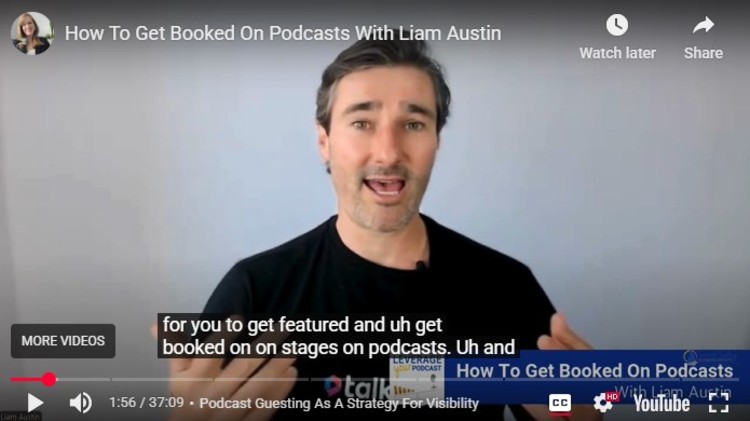 Podcaster speaking in a YouTube video about how to get booked on podcasts and use podcast guesting for visibility.