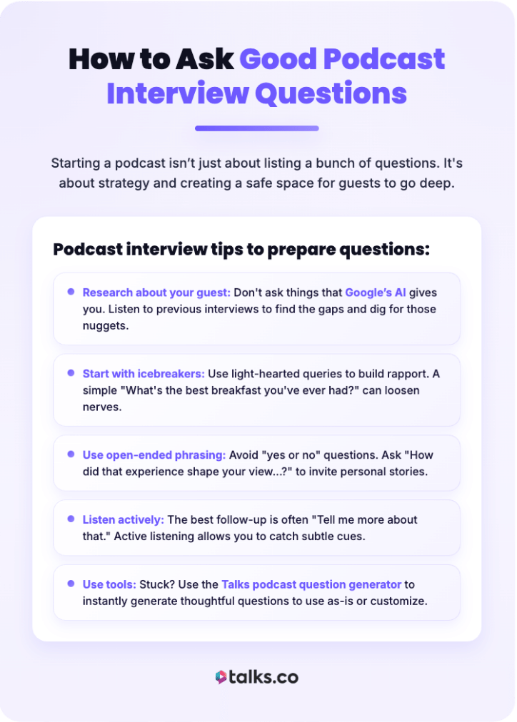 Infographic on podcasting explaining how to ask good podcast interview questions with tips on research, icebreakers, and active listening