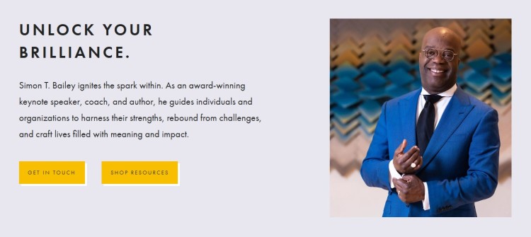 Public speaker personal brand homepage showing how the website features clear messaging, calls to action, and professional imagery