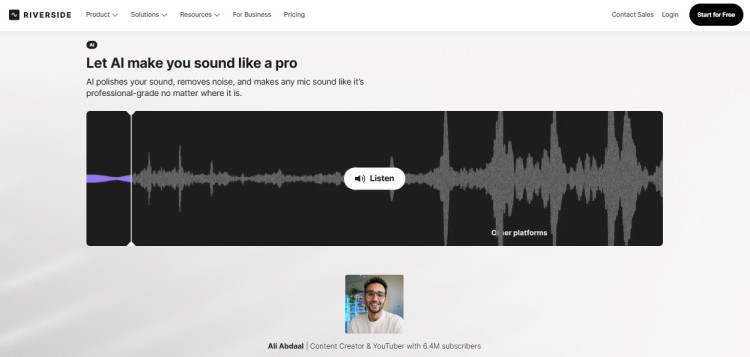 Riverside AI audio enhancement tool interface showing waveform and sound polish feature for high-quality podcast production