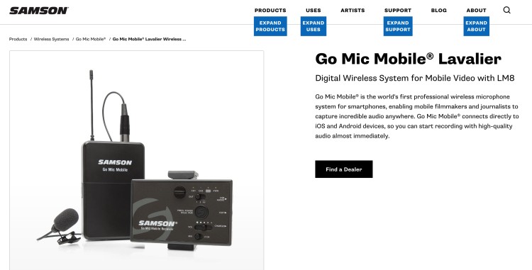 Samson Go Mic Mobile wireless microphone system with lavalier mic and receiver for mobile recording