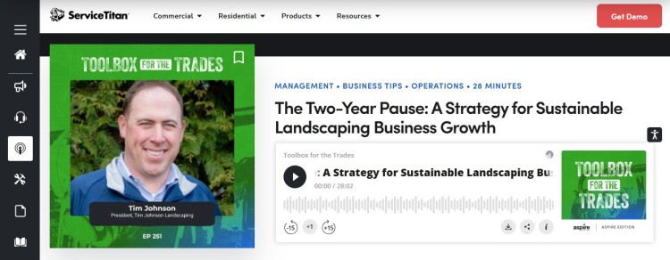ServiceTitan podcast episode page showing how a landing page helps listeners access episode details, audio playback, and business insights