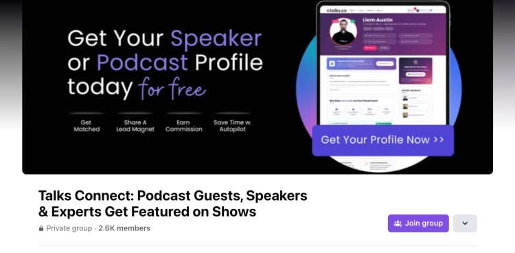 Facebook group banner showing how social media helps podcast guests and speakers promote their profile and get featured on shows.