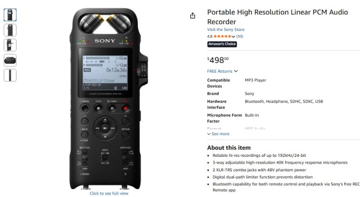Sony portable audio recording device with built in microphones and digital display for high resolution sound capture