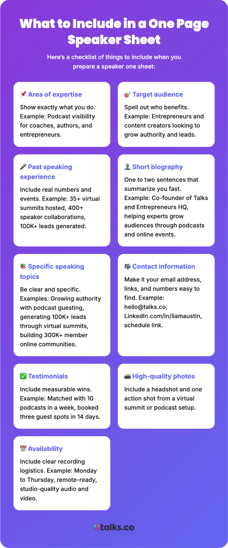 Infographic showing what to include in a speaker one-sheet, including expertise, target audience, speaking topics, testimonials, availability, and contact information.