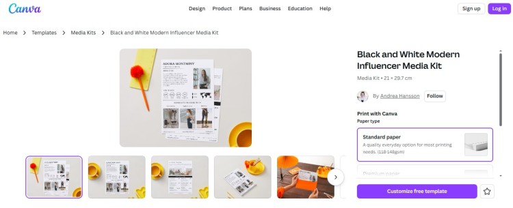 Canva media kit and speaker one sheet template interface showing how creators can grab a modern black and white design and customize it online