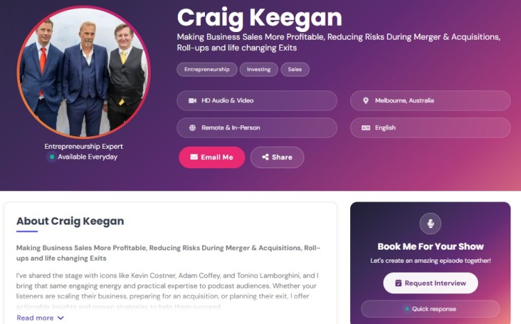 Professional speaker profile example showing how speaker one sheet shows key details like expertise, location, booking options, and credibility for podcast and event hosts.