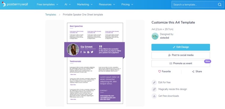 Printable speaker one sheet template interface showing how to create one using an online design editor with customizable sections