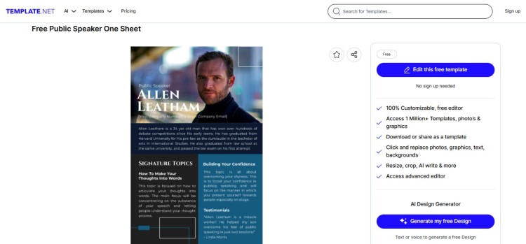 Public speaker one sheet template shown as an easy way to create a professional speaker profile with topics, bio, and testimonials