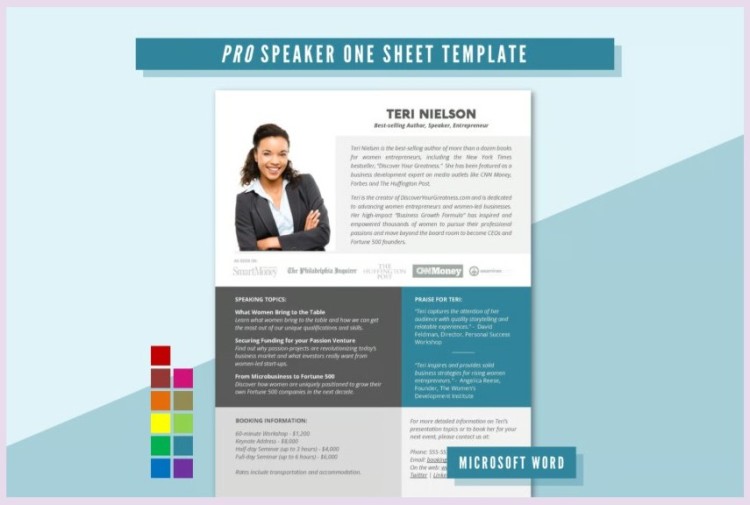 Pro speaker one sheet template shown like a resume, highlighting speaker bio, topics, credentials, and booking information