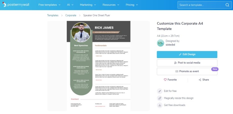 Corporate speaker one sheet flyer template showing a clean layout for speakers who want something simple and easy to customize