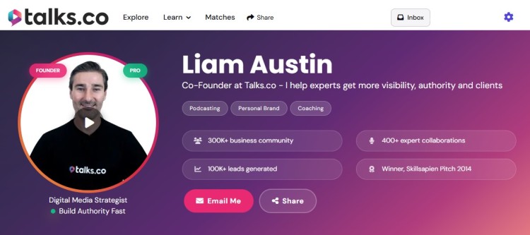 Liam's speaker profile page on Talks.co showing a modern speaker one sheet format with bio, credibility markers, and contact options