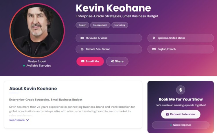 Speaker profile example displaying relevant information such as expertise, location, languages, availability, and booking options for podcast and event hosts.
