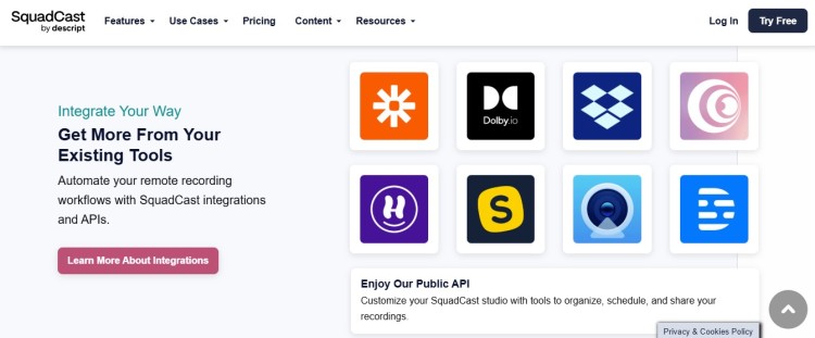 SquadCast integrations page showing software like Zapier, Dolby, and other tools for remote podcast recording workflows