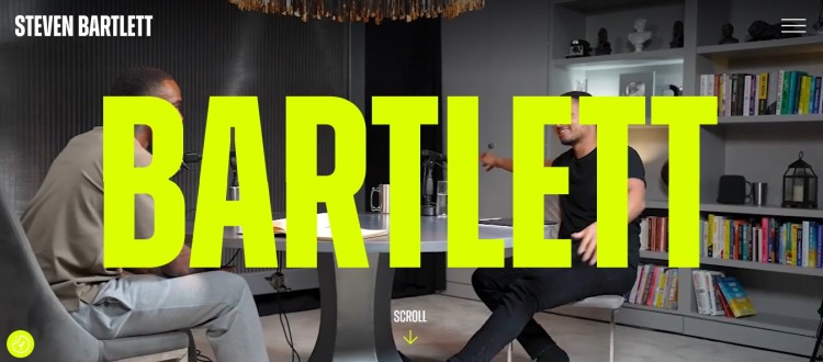 Steven Bartlett website hero section highlighting a renowned public speaker in conversation during an interview-style setting