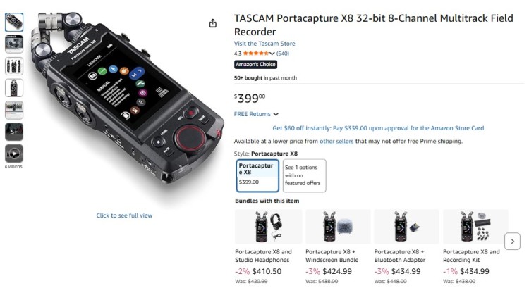 TASCAM Portacapture X8 multitrack field recorder with touchscreen display and dual microphones for professional audio recording