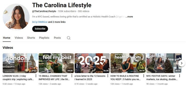 The Carolina Lifestyle YouTube channel homepage showing features like wellness vlogs, healthy habits videos, and lifestyle content.