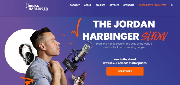 Website banner for The Jordan Harbinger Show featuring the host with a microphone and bold show branding on a purple background.