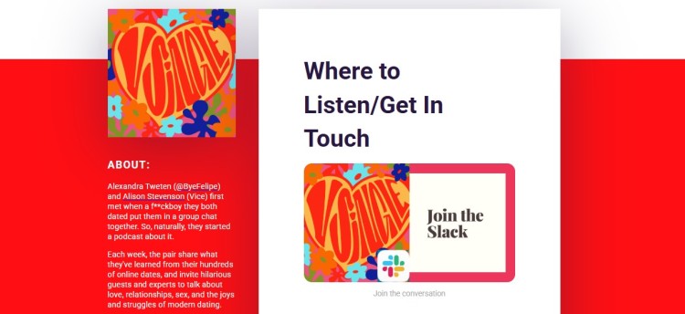 Podcast landing page showing where podcast listeners can listen, join the Slack community, and get in touch with the show
